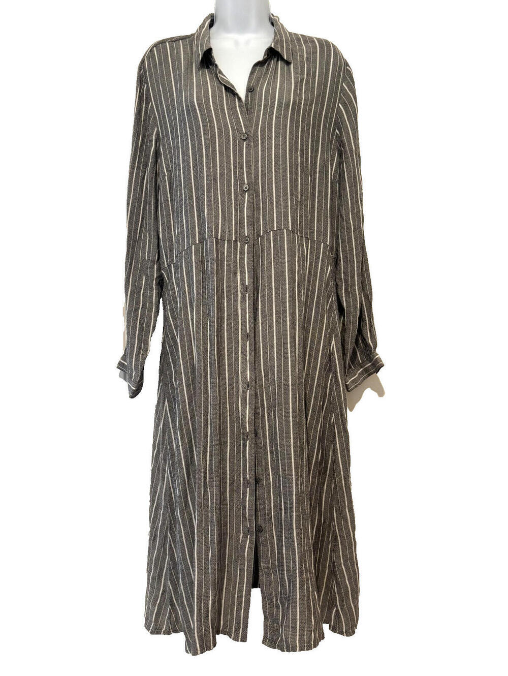 Lucky Brand sz XL grey white stripe long sleeve collared shirt maxi dress new E